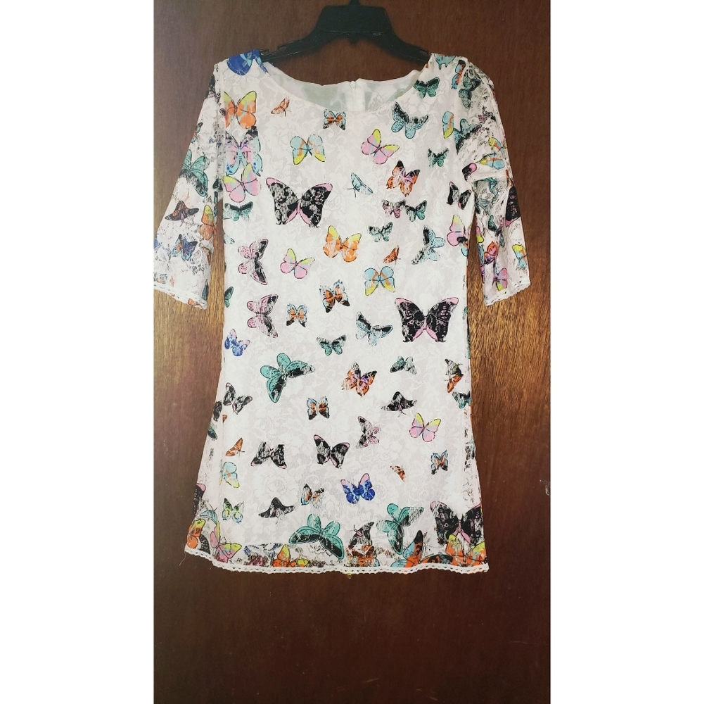 White dress with multicolor butterflies